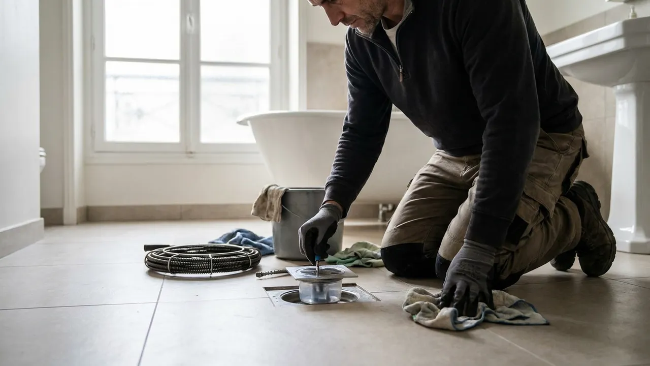Plombier contrôlant le siphon d'une salle de bains pour éliminer des odeurs de canalisation à Malakoff