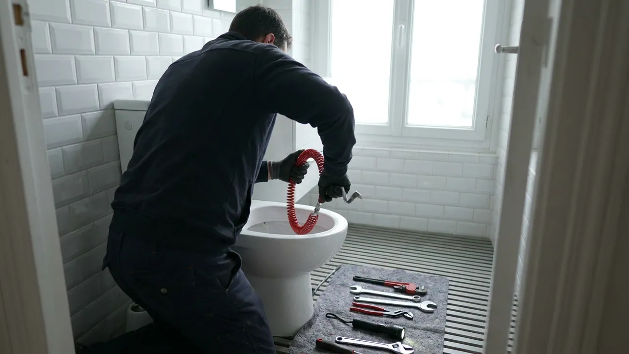 Débouchage d'un WC au furet par un plombier équipé dans une salle d'eau à Malakoff